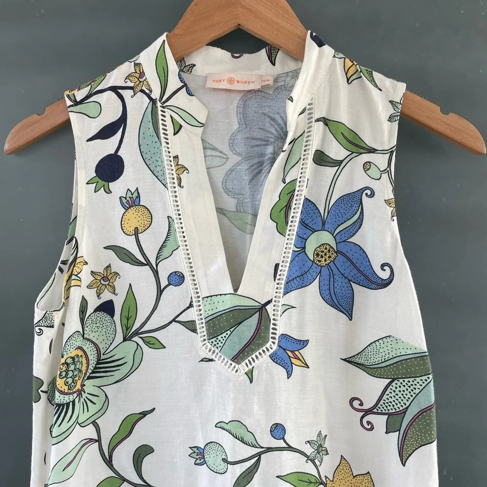 Tory Burch Floral Linen Blend Sleeveless Shift Dress with pockets XS